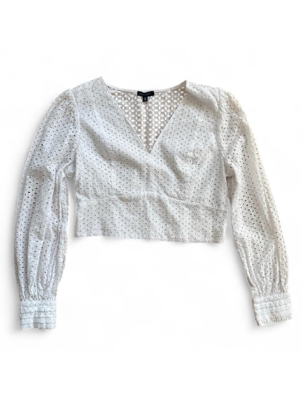 White Cotton Crop Top Eyelet Lace Blouse Long Sleeve Large
